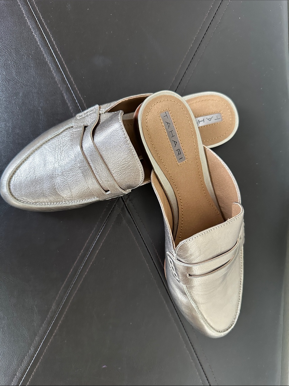 Tahari Metallic Light Gold Slip-On Mule Loafers